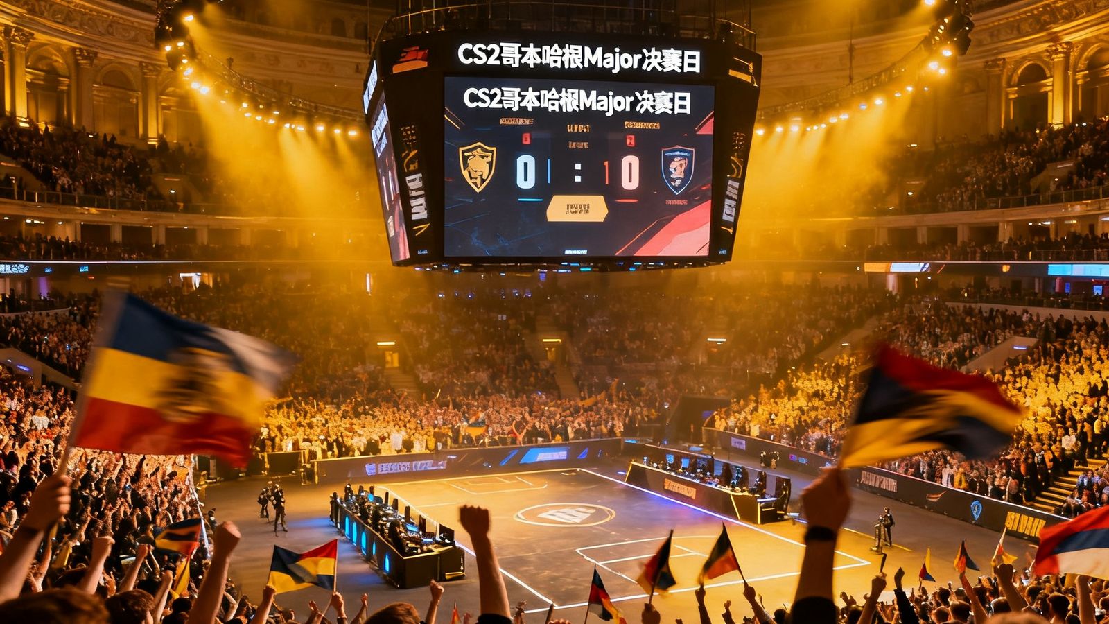 CS2哥本哈根Major决赛日，皇家体育馆内超过15000名观众挥舞旗帜高声呐喊，赛场中央巨型屏幕实时显示比分